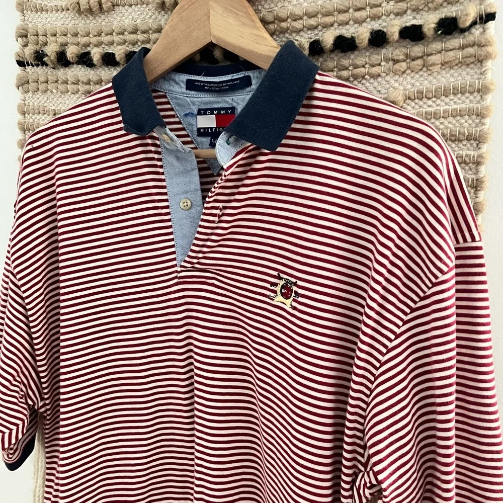 Vintage 90s Tommy Hilfiger Men's Polo Shirt - Navy and White Stripes